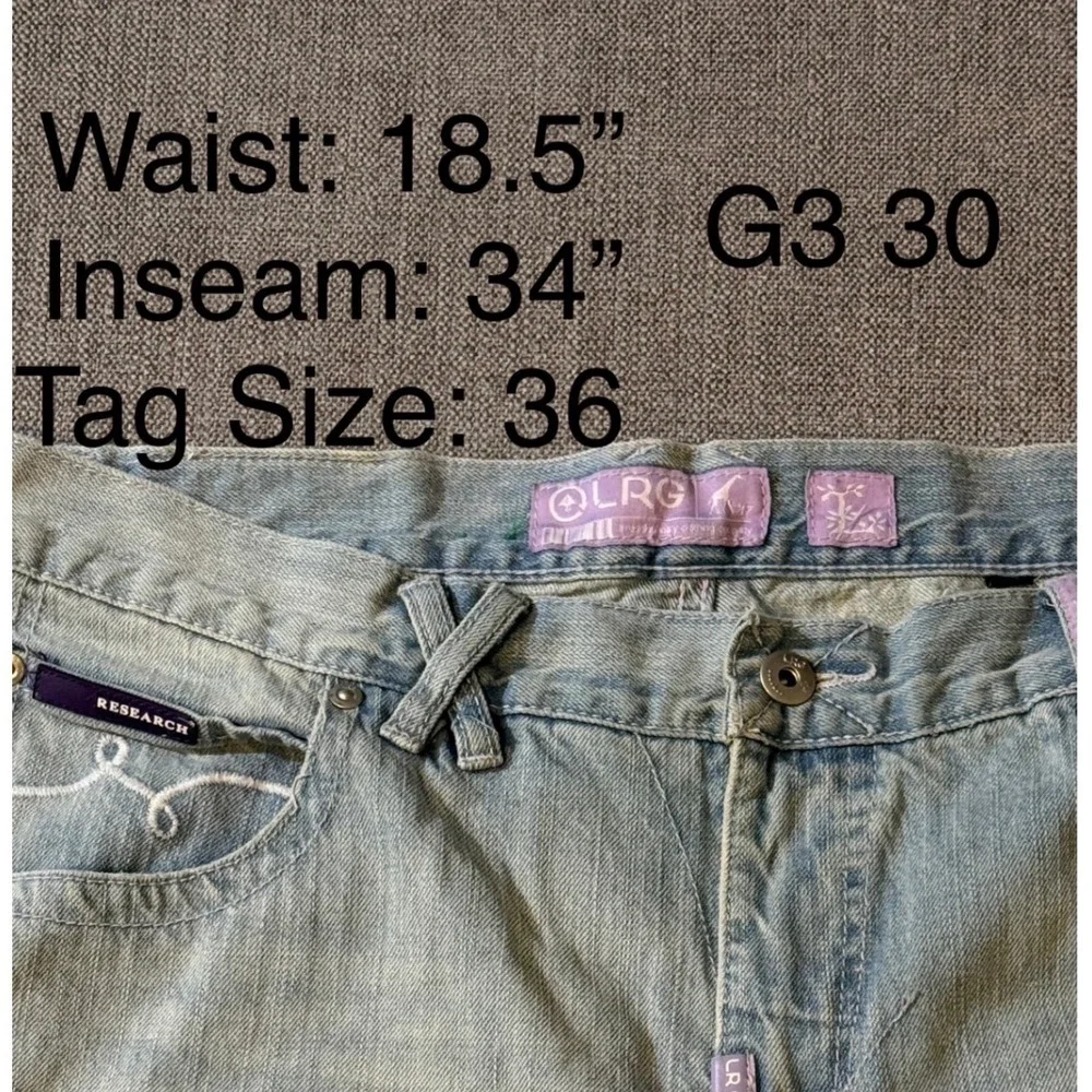 LRG Research Jeans‎ Mens Size 36x34 Light Wash Distressed Graphic Back Pockets